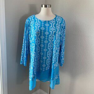 JM Collection Womens Plus 2X Geometric Print Tunic Top Long Sleeve Stretch Shirt